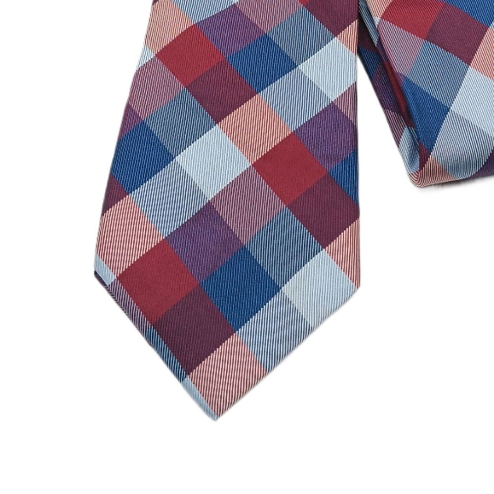 Tommy Hilfiger Silk Tie Mens 61.5” Red Blue Plaid Gingham Designer Classic New